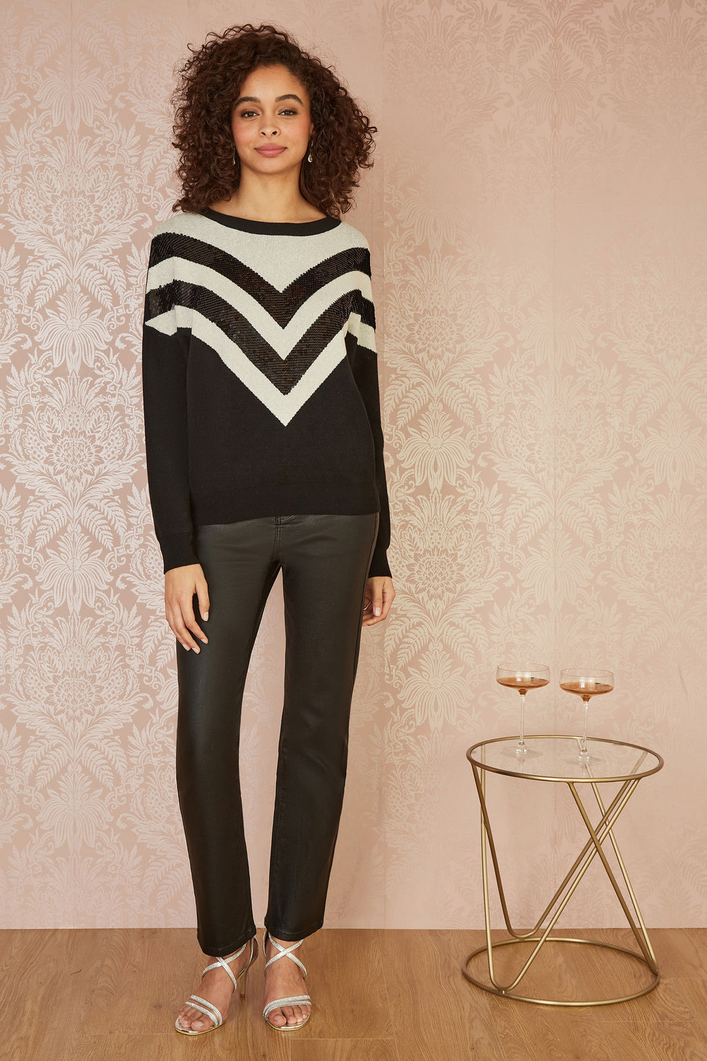 Yumi Black Chevron Knitted Relaxed Jumper With Sequins - QHA UK