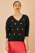 Yumi Black Sequin Heart V Neck Jumper - QHA UK