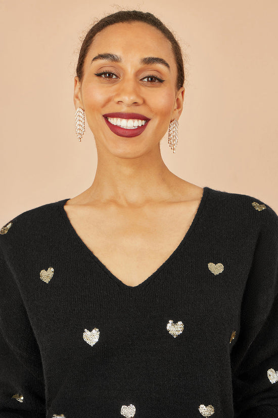 Yumi Black Sequin Heart V Neck Jumper - QHA UK