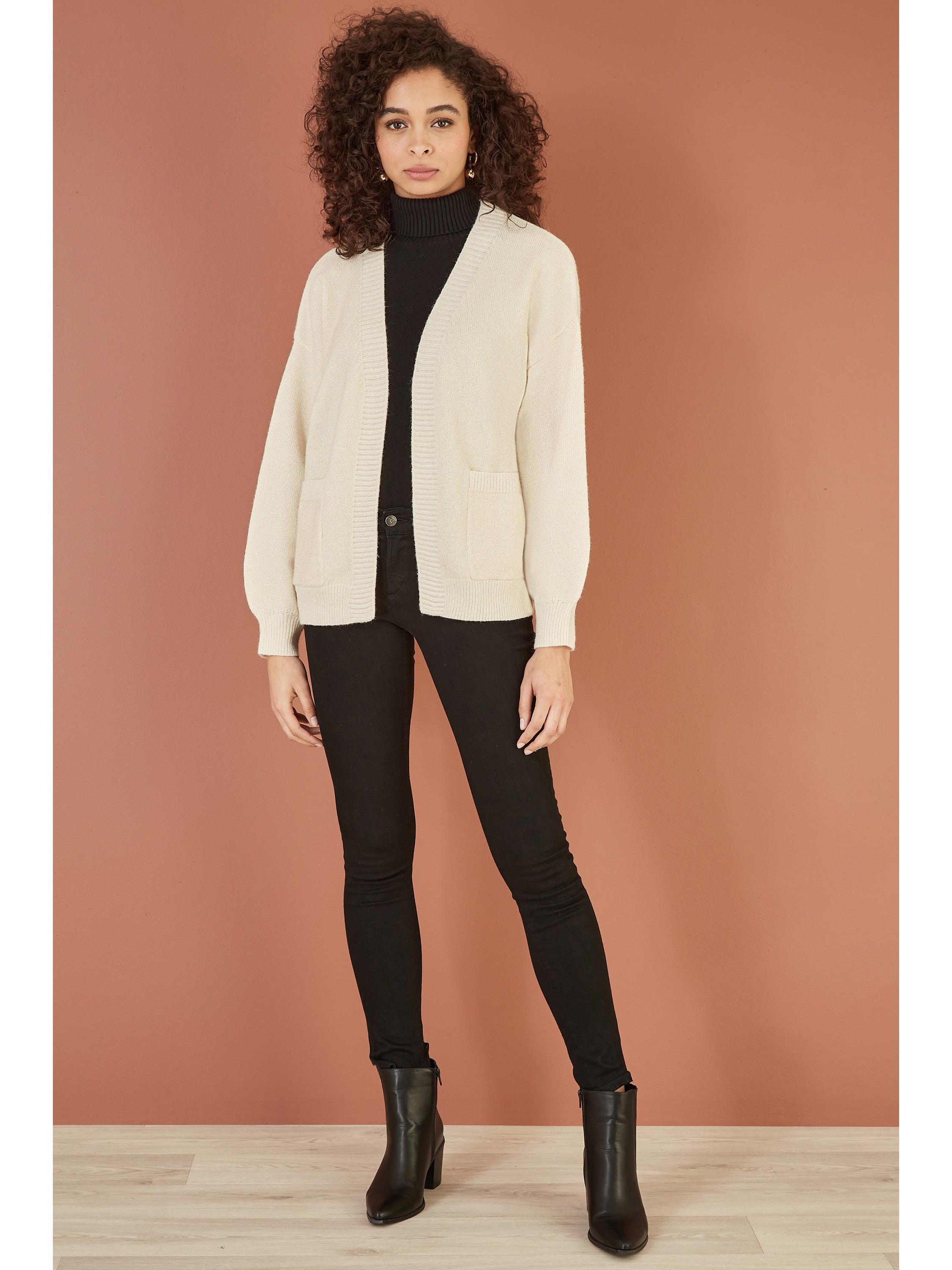 Yumi Ivory Metallic Slouchy Cardigan With Pockets