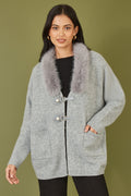 Yumi Grey Cardigan With Detachable Fur Collar Trim - QHA UK