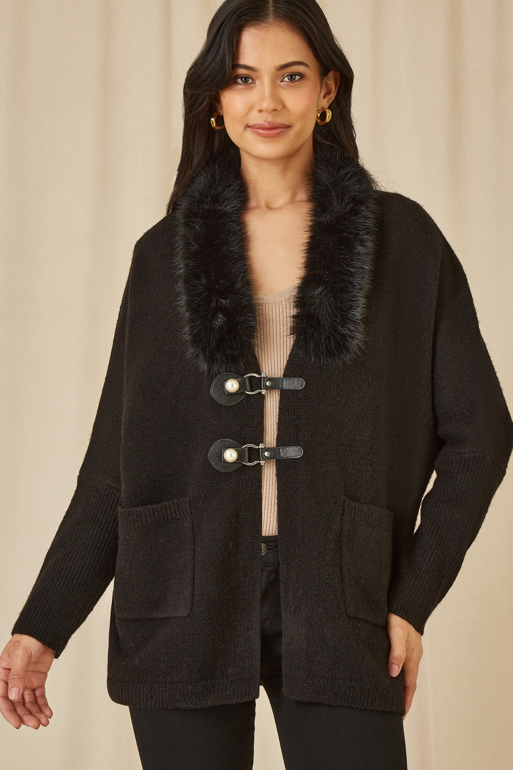 Yumi Black Cardigan With Detachable Fur Collar Trim - QHA UK