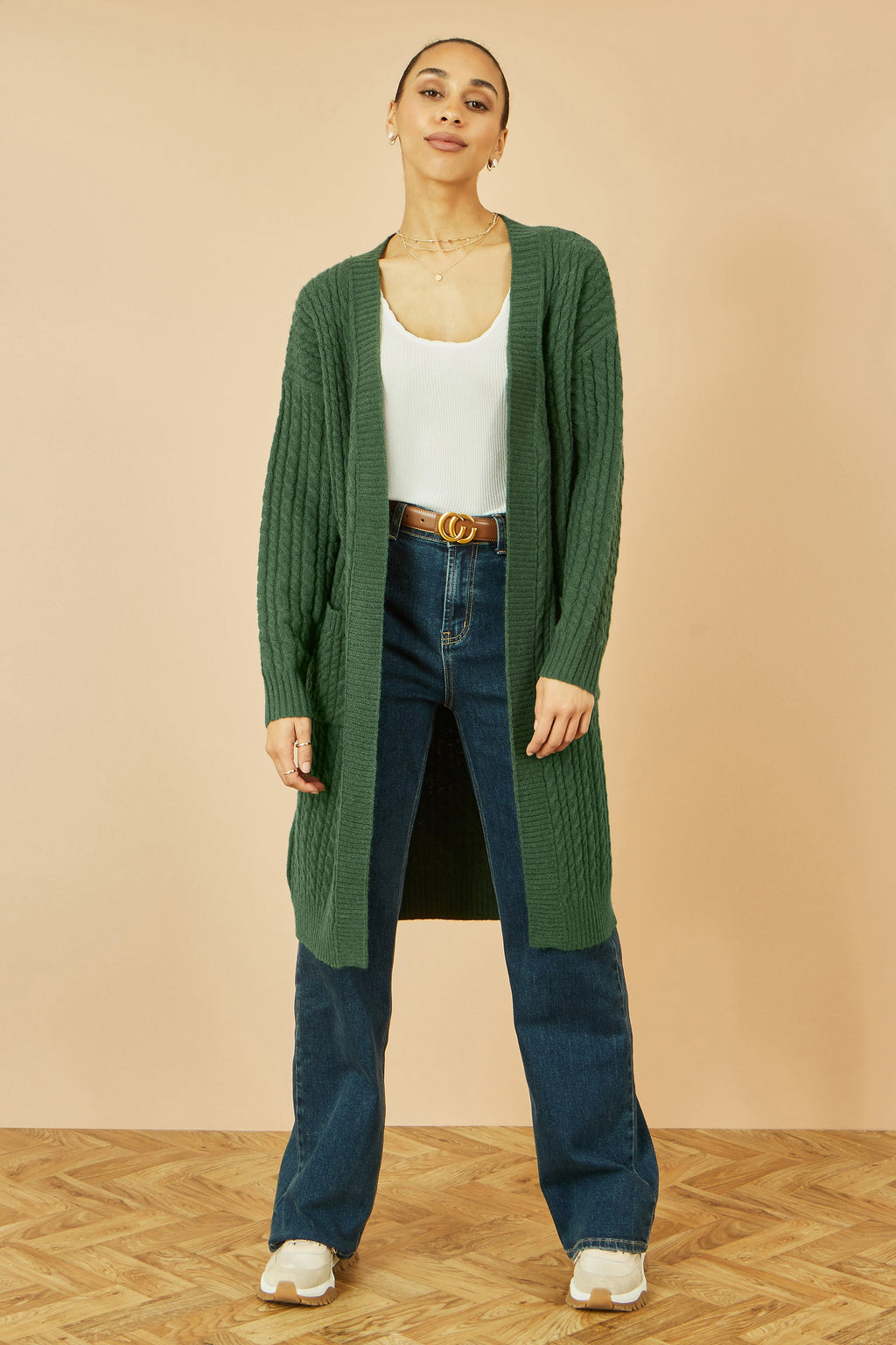 Yumi Green Cable Knit Edge to Edge Long Cardigan With Pockets