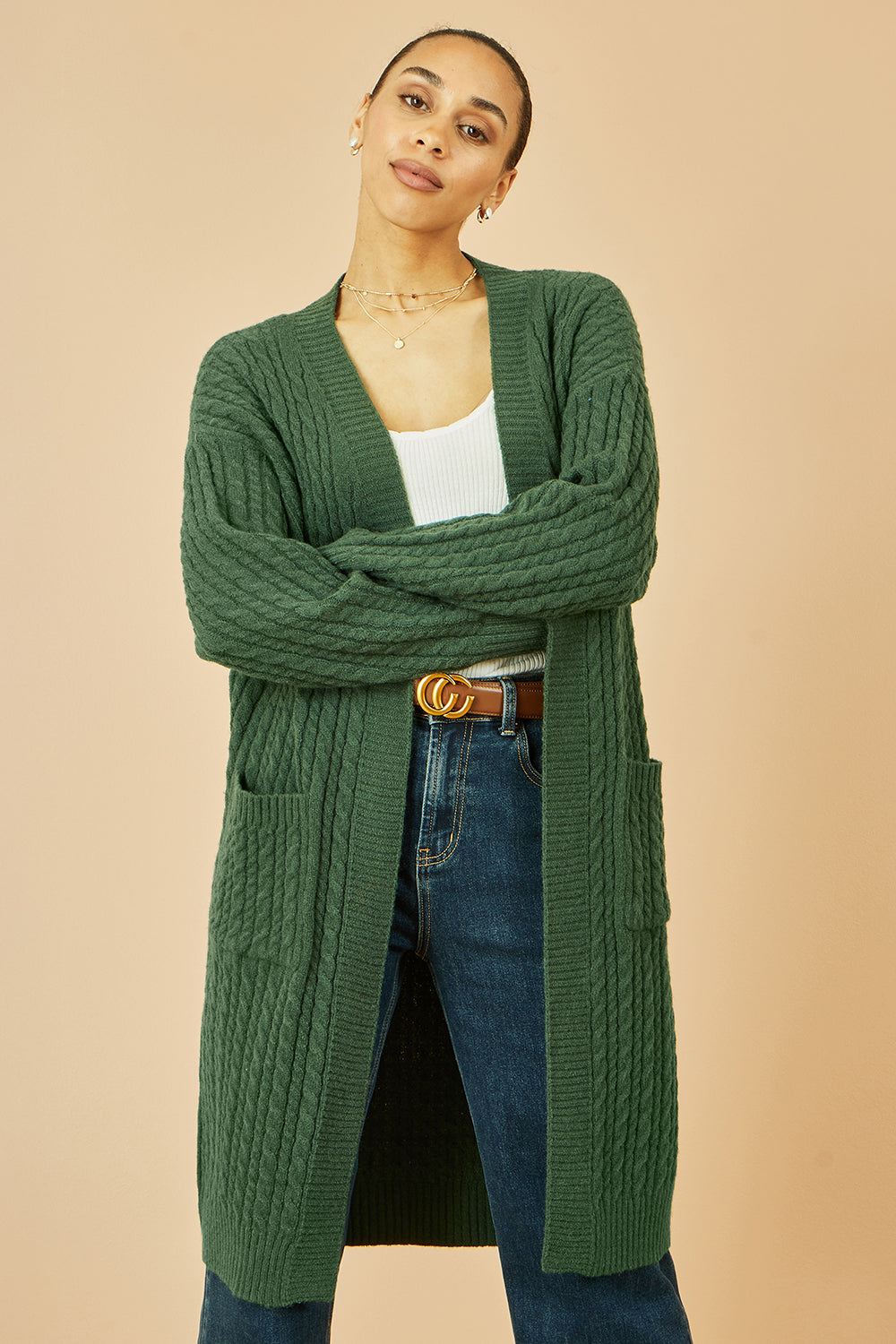 Yumi Green Cable Knit Edge to Edge Long Cardigan With Pockets - QHA UK