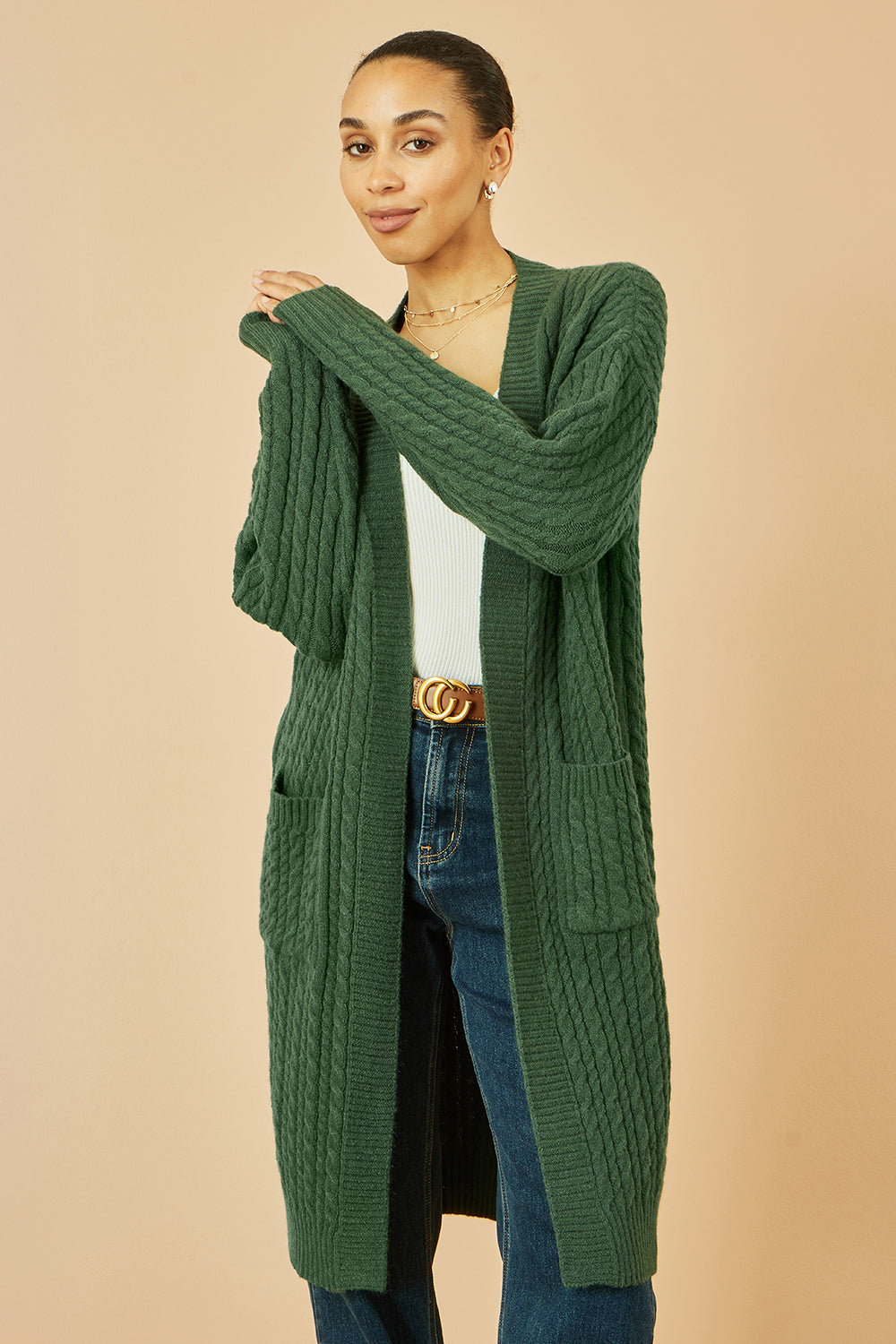 Yumi Green Cable Knit Edge to Edge Long Cardigan With Pockets - QHA UK