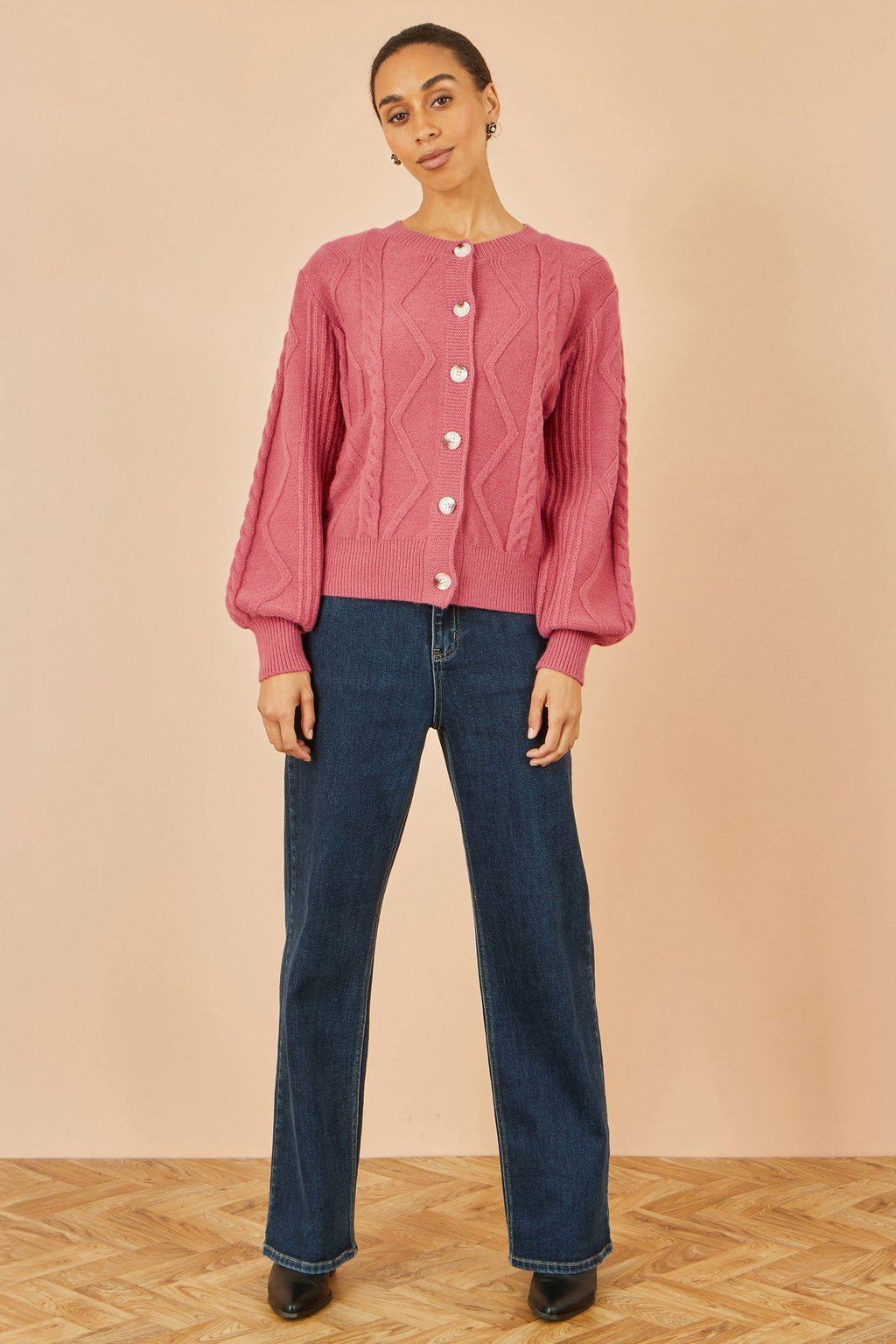 Yumi Pink Relaxed Fit Cable Cardigan - QHA UK