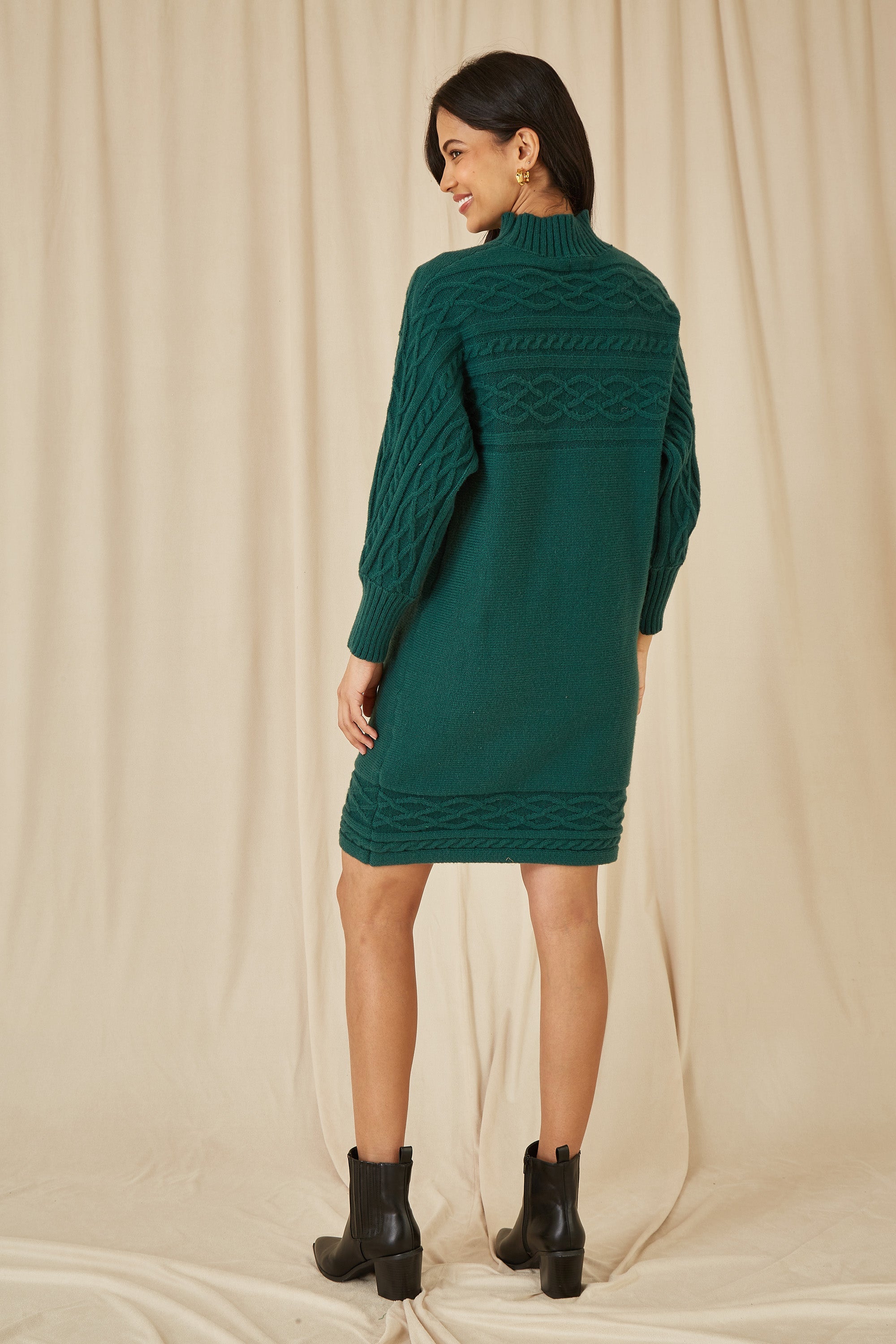Yumi Green Roll Neck Knitted Dress With Fitted Waist - QHA UK