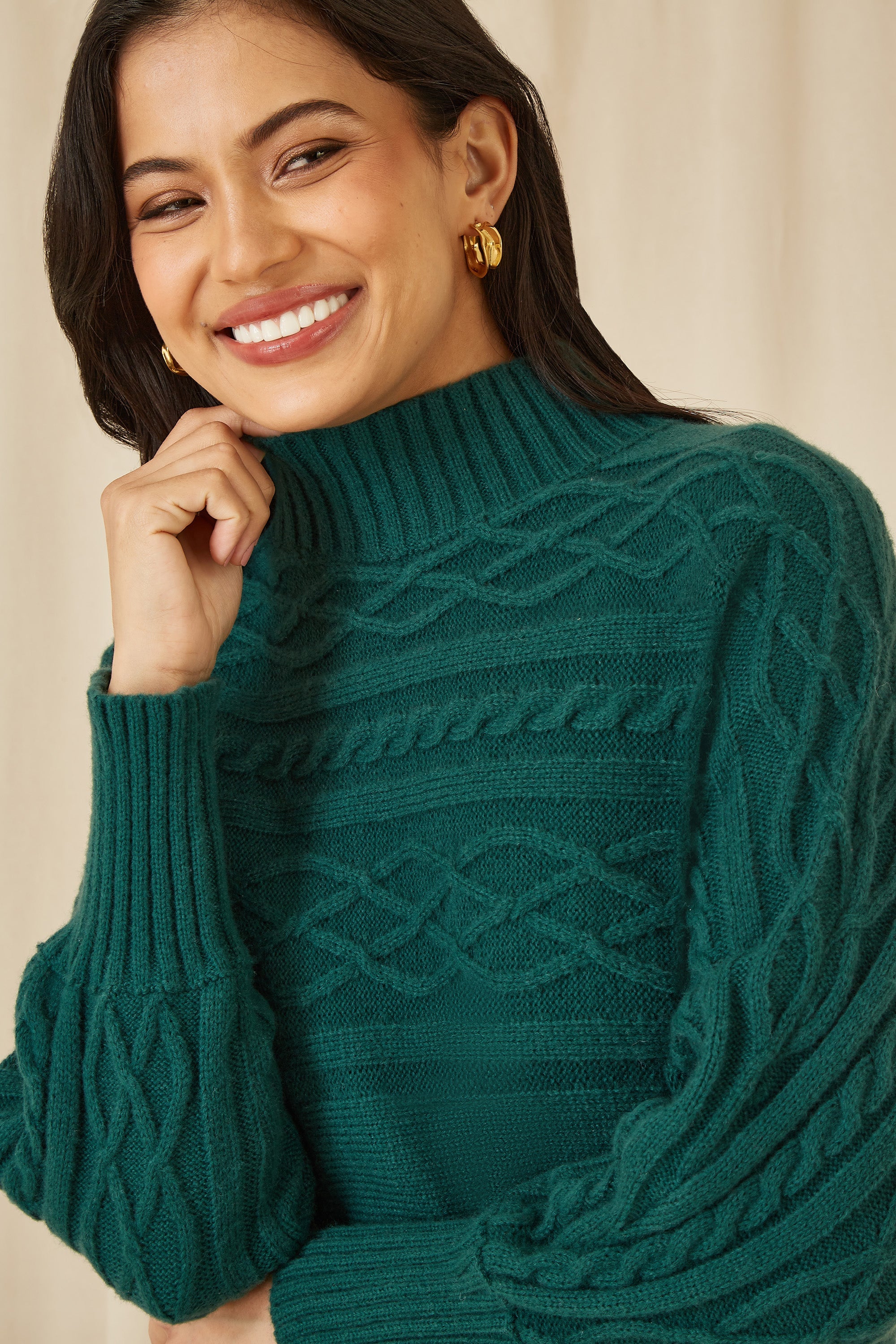 Yumi Green Roll Neck Knitted Dress With Fitted Waist - QHA UK