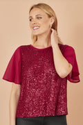 Yumi Burgundy Sequin Top With Sheer Sleeves And Cut Out Back - QHA UK
