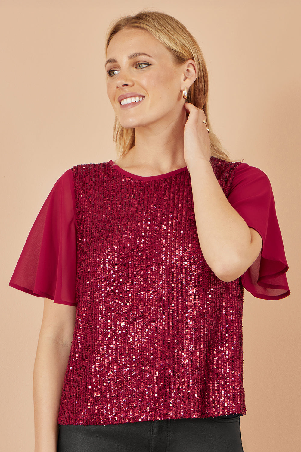 Yumi Burgundy Sequin Top With Sheer Sleeves And Cut Out Back - QHA UK