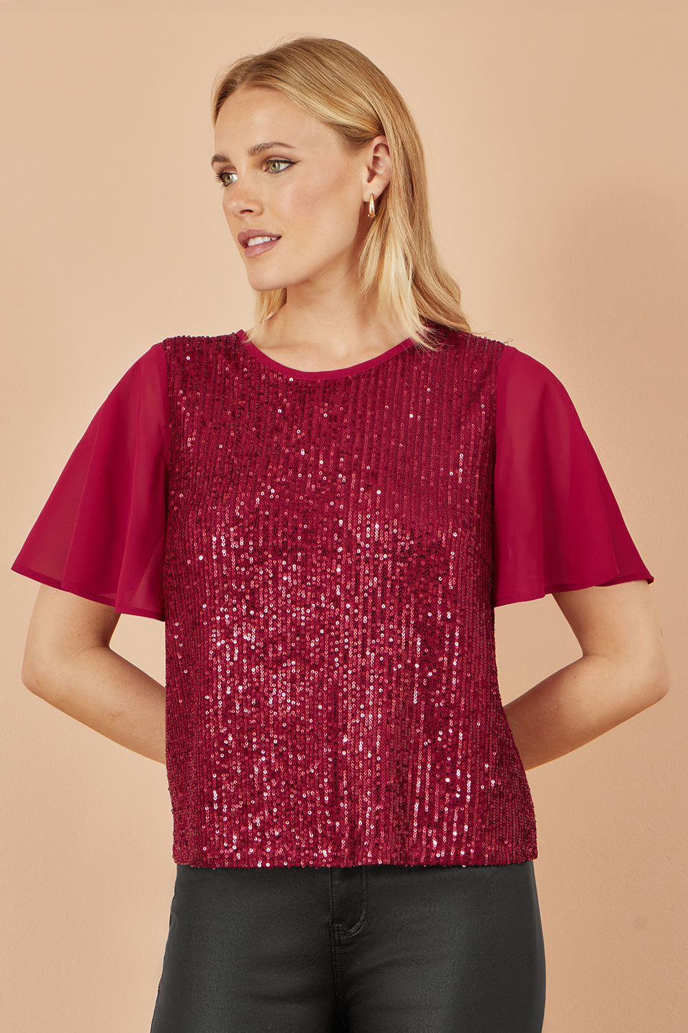 Yumi Burgundy Sequin Top With Sheer Sleeves And Cut Out Back - QHA UK