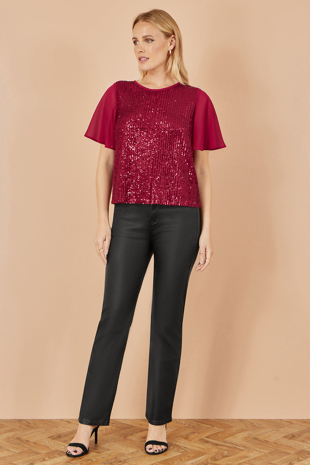 Yumi Burgundy Sequin Top With Sheer Sleeves And Cut Out Back - QHA UK