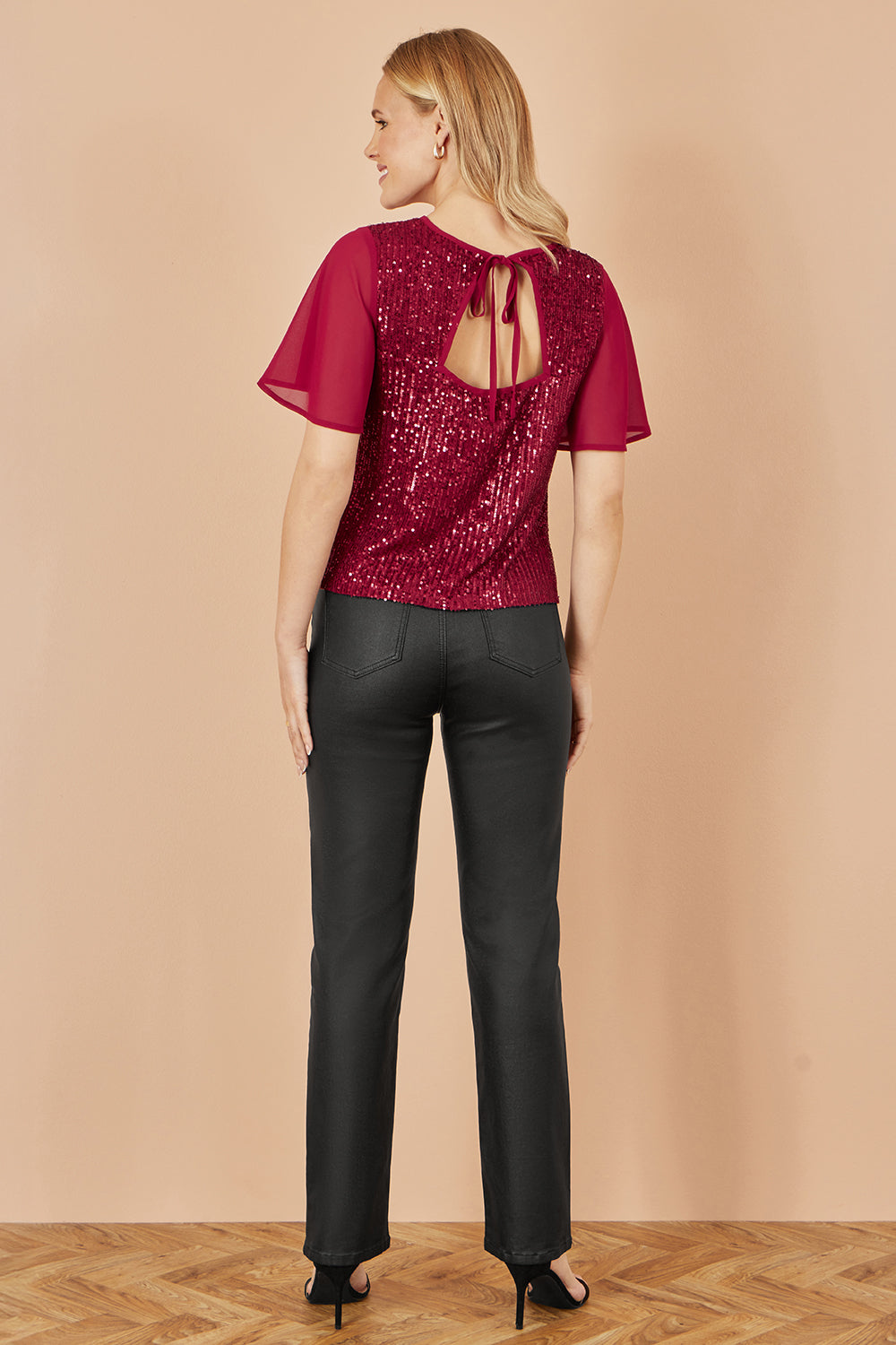 Yumi Burgundy Sequin Top With Sheer Sleeves And Cut Out Back - QHA UK