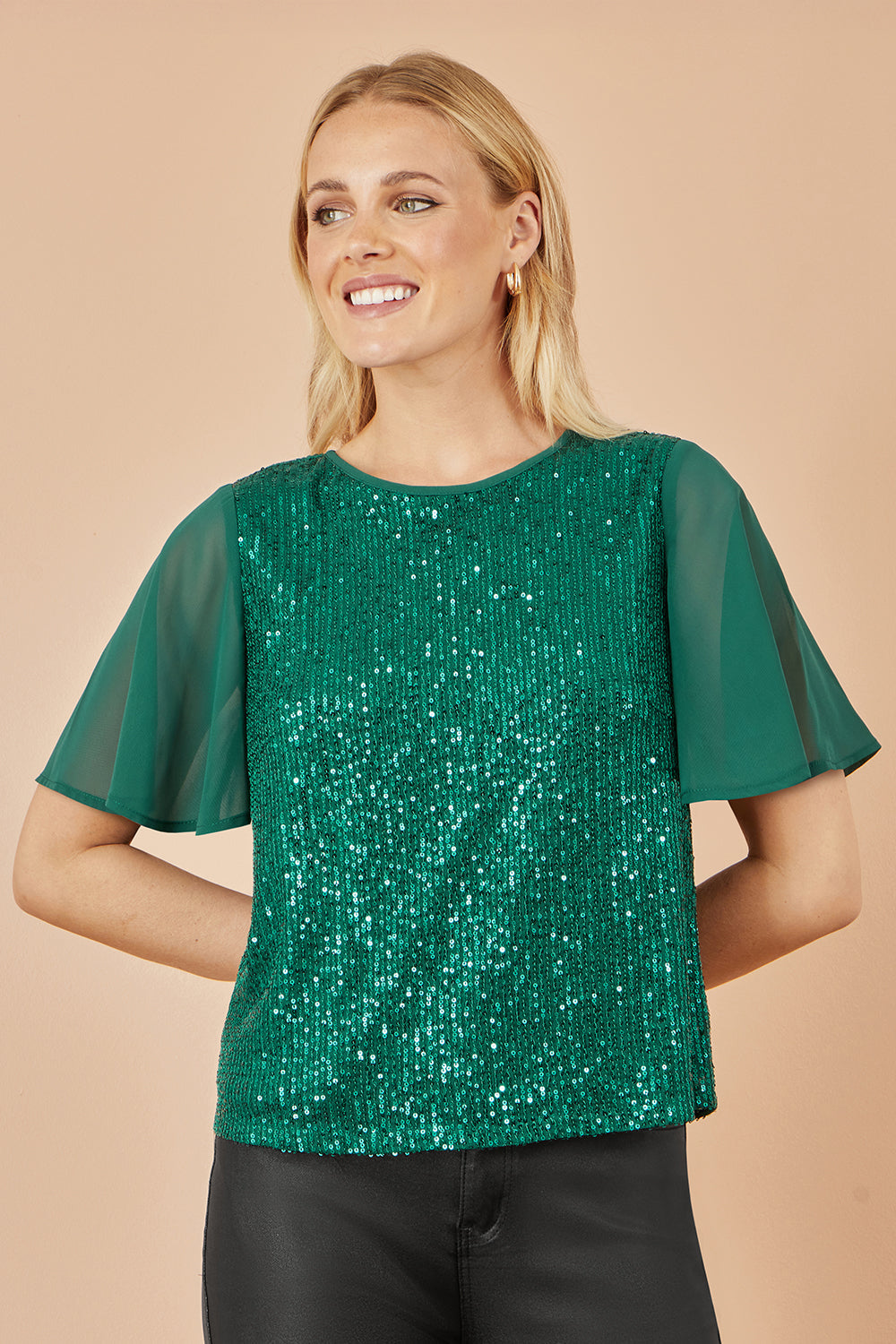 Yumi Green Sequin Top With Sheer Sleeves And Cut Out Back - QHA UK