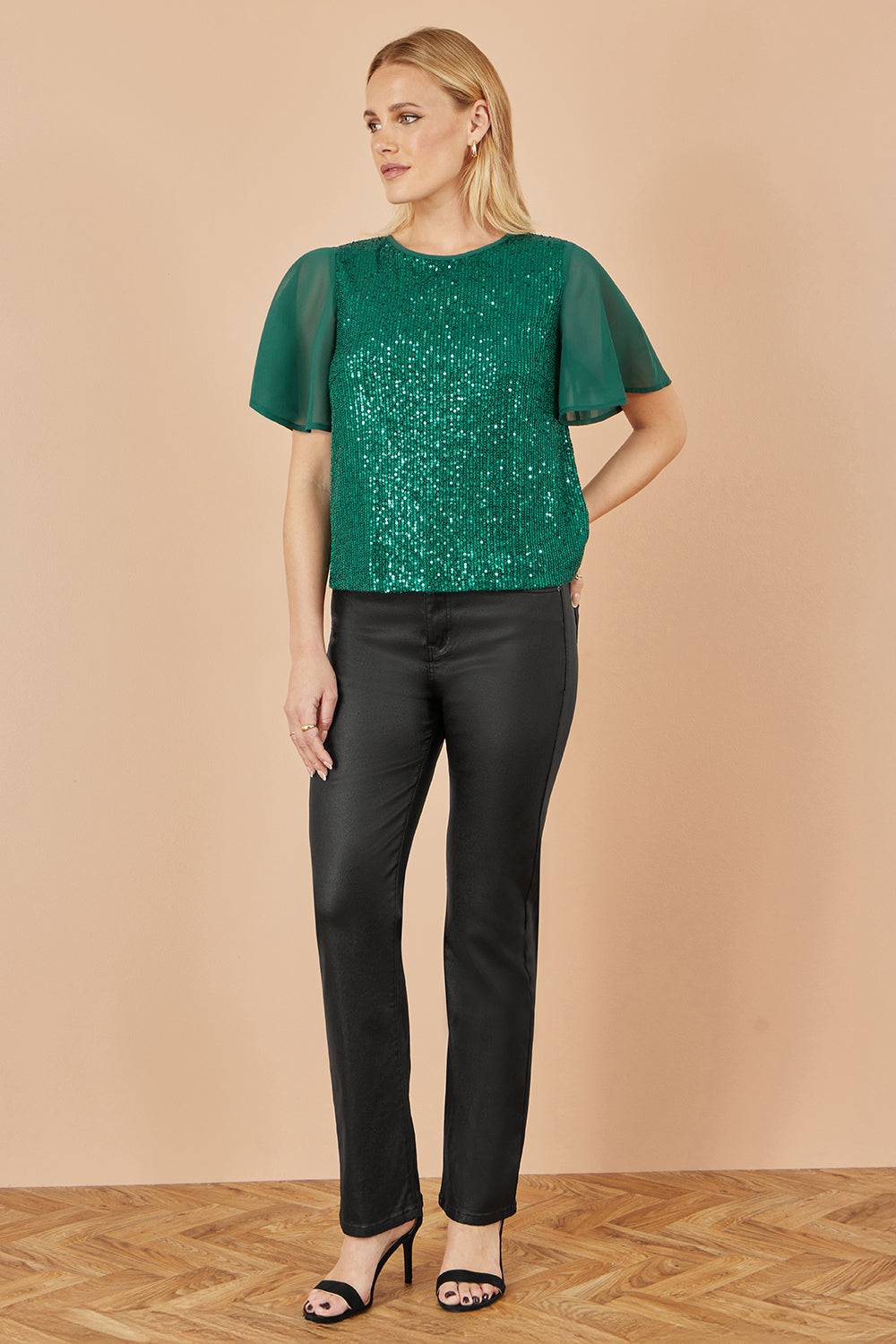 Yumi Green Sequin Top With Sheer Sleeves And Cut Out Back - QHA UK