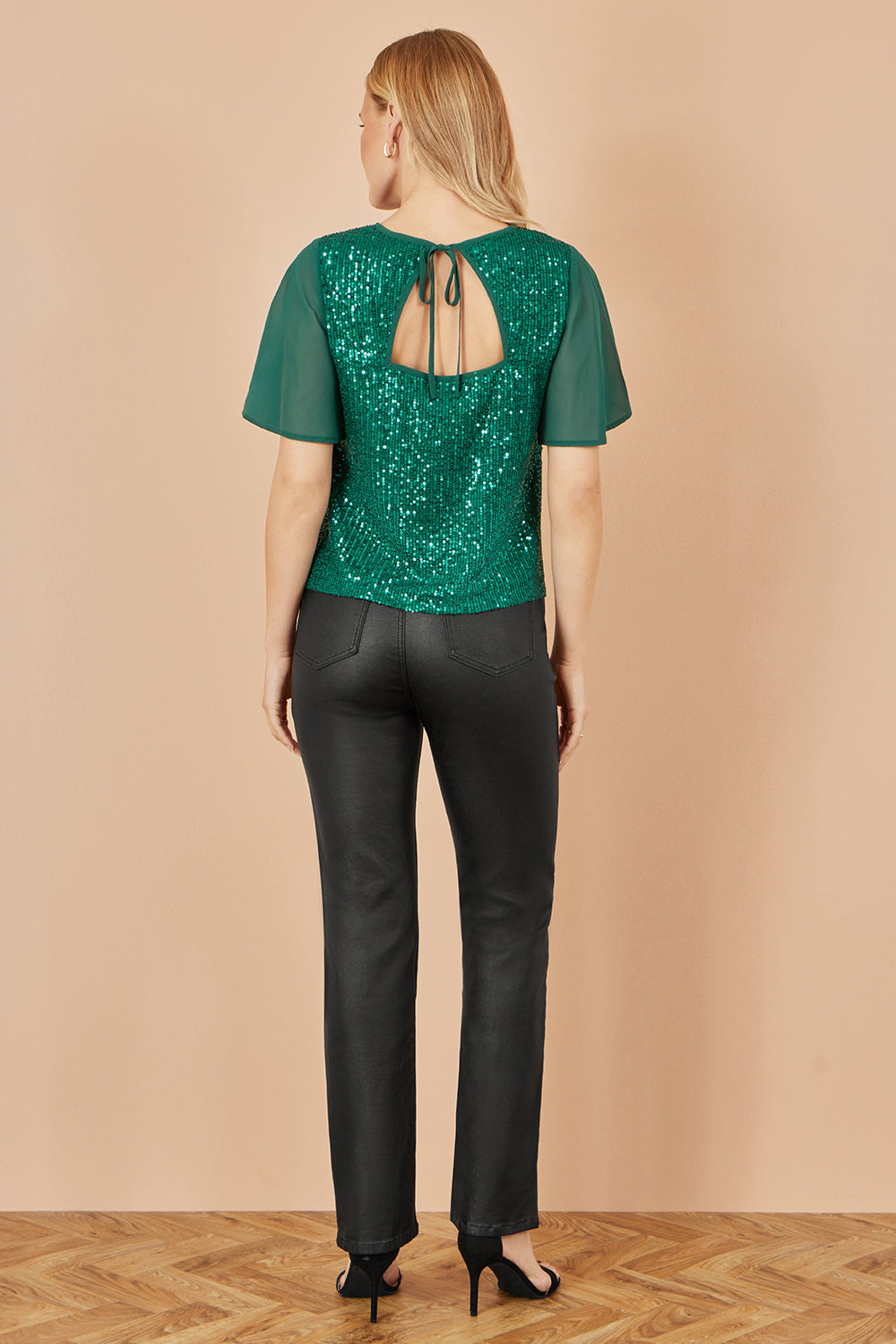Yumi Green Sequin Top With Sheer Sleeves And Cut Out Back - QHA UK