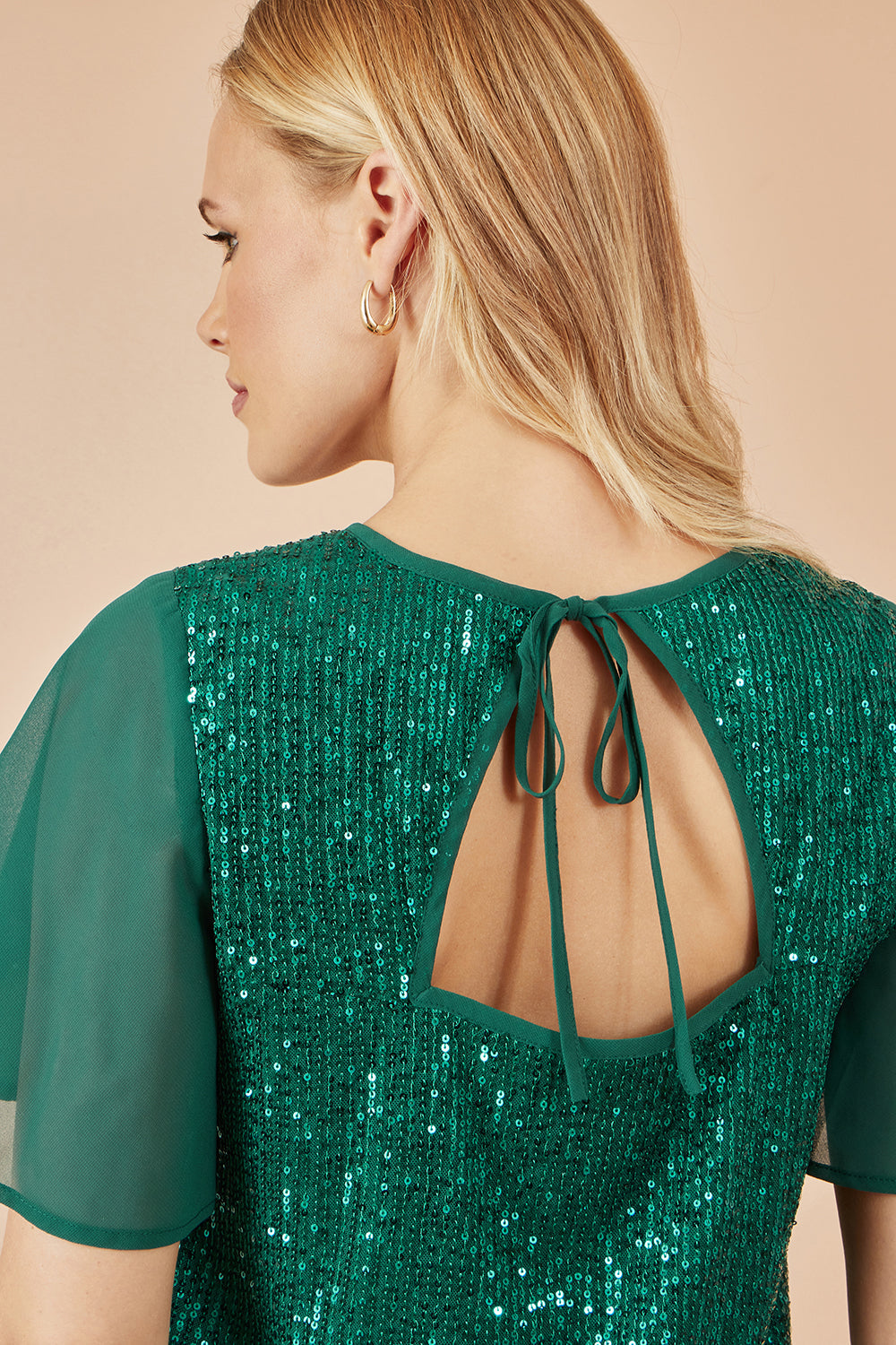 Yumi Green Sequin Top With Sheer Sleeves And Cut Out Back - QHA UK
