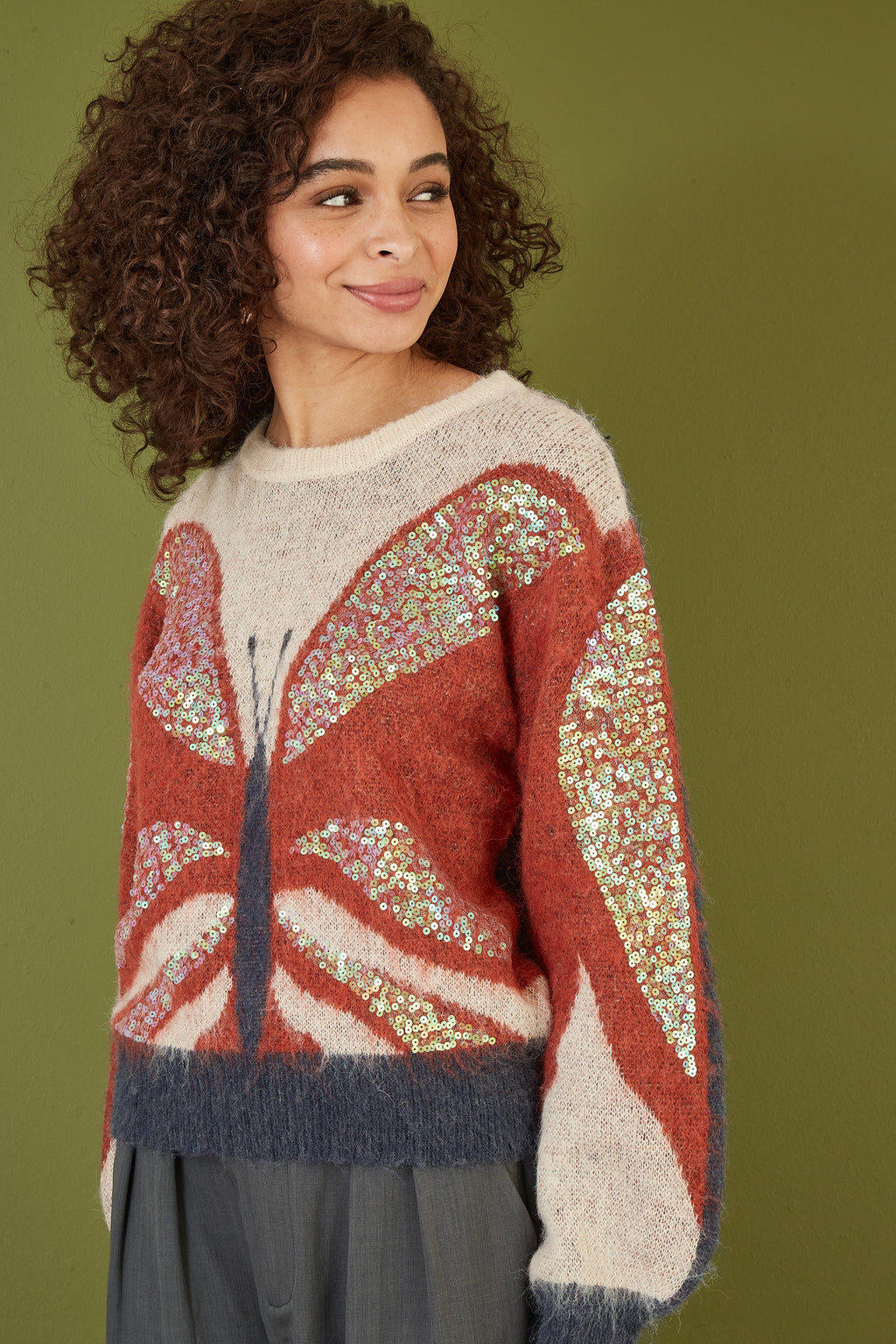 Yumi Cream Butterfly Sequin Knitted Jumper - QHA UK