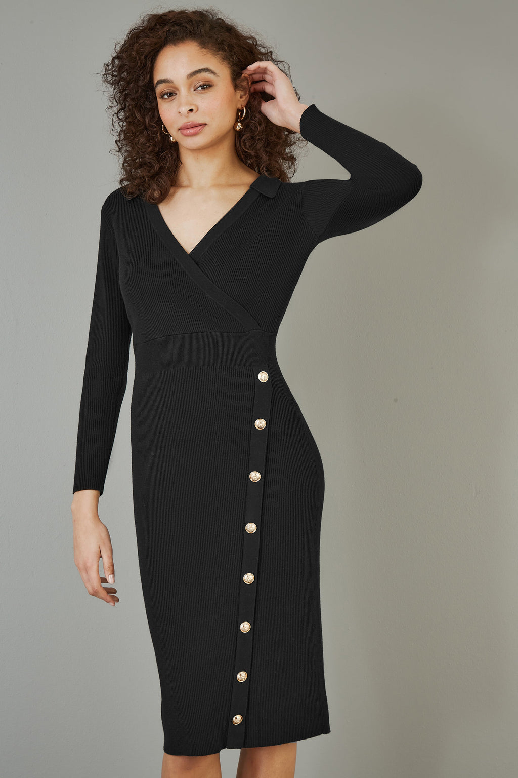 Yumi Black Knitted Midi Dress With Asymmetric Button Details - QHA UK
