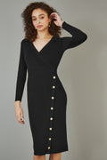Yumi Black Knitted Midi Dress With Asymmetric Button Details - QHA UK