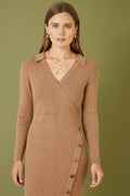 Yumi Brown Knitted Midi Dress With Asymmetric Button Details - QHA UK