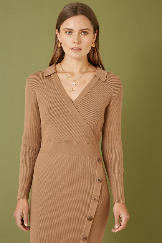 Yumi Brown Knitted Midi Dress With Asymmetric Button Details - QHA UK