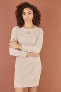 Yumi Oatmeal Rib Knit Tunic Dress With Button Cuffs And Cut Out Detail