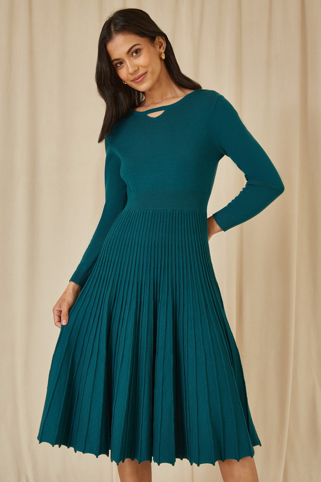 Yumi Teal Knitted Pleated Skater Dress With Notch Neckline - QHA UK
