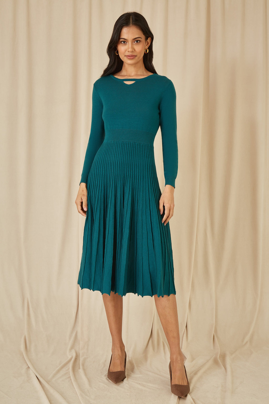 Yumi Teal Knitted Pleated Skater Dress With Notch Neckline - QHA UK