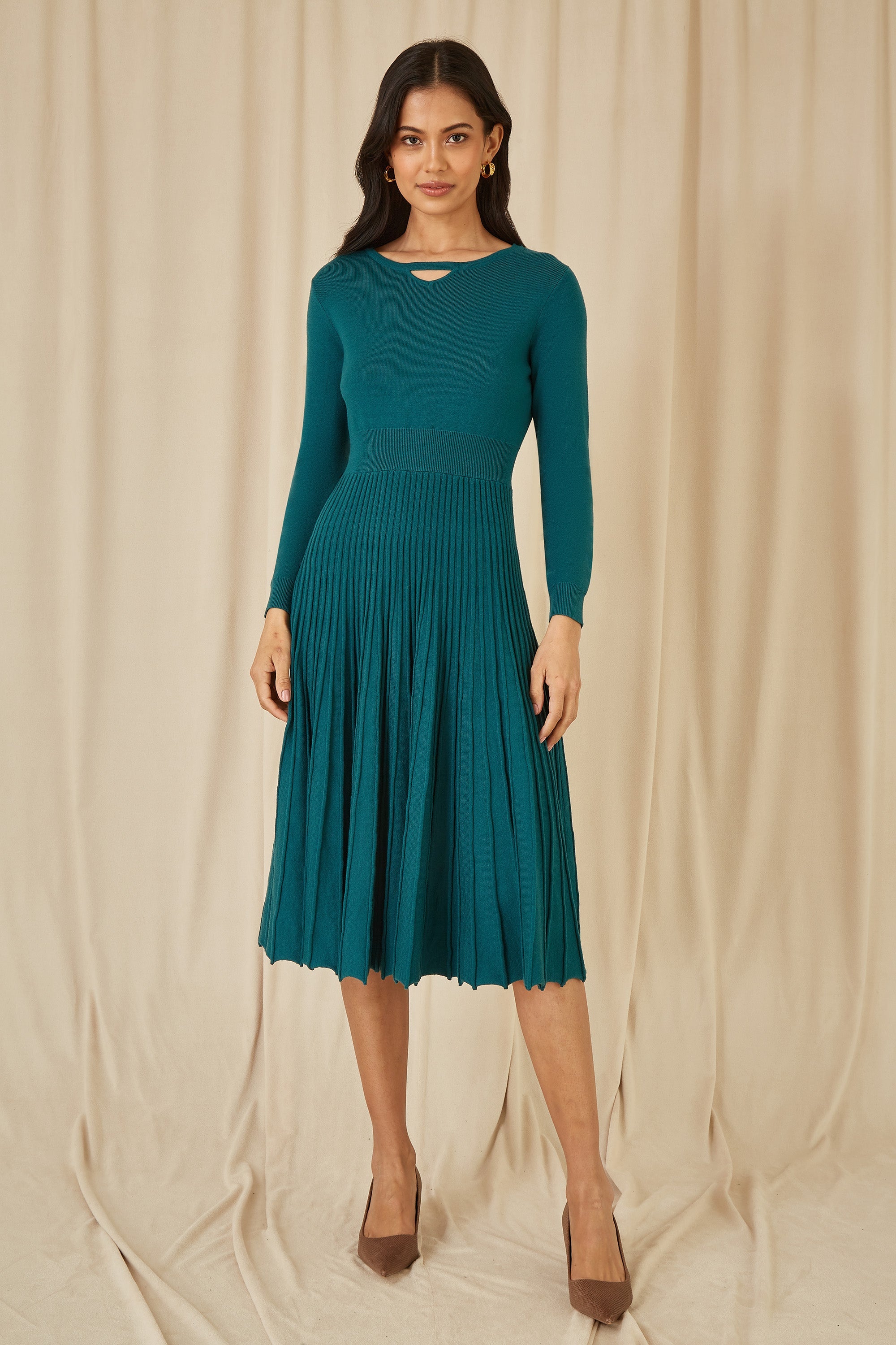 Yumi Teal Knitted Pleated Skater Dress With Notch Neckline - QHA UK
