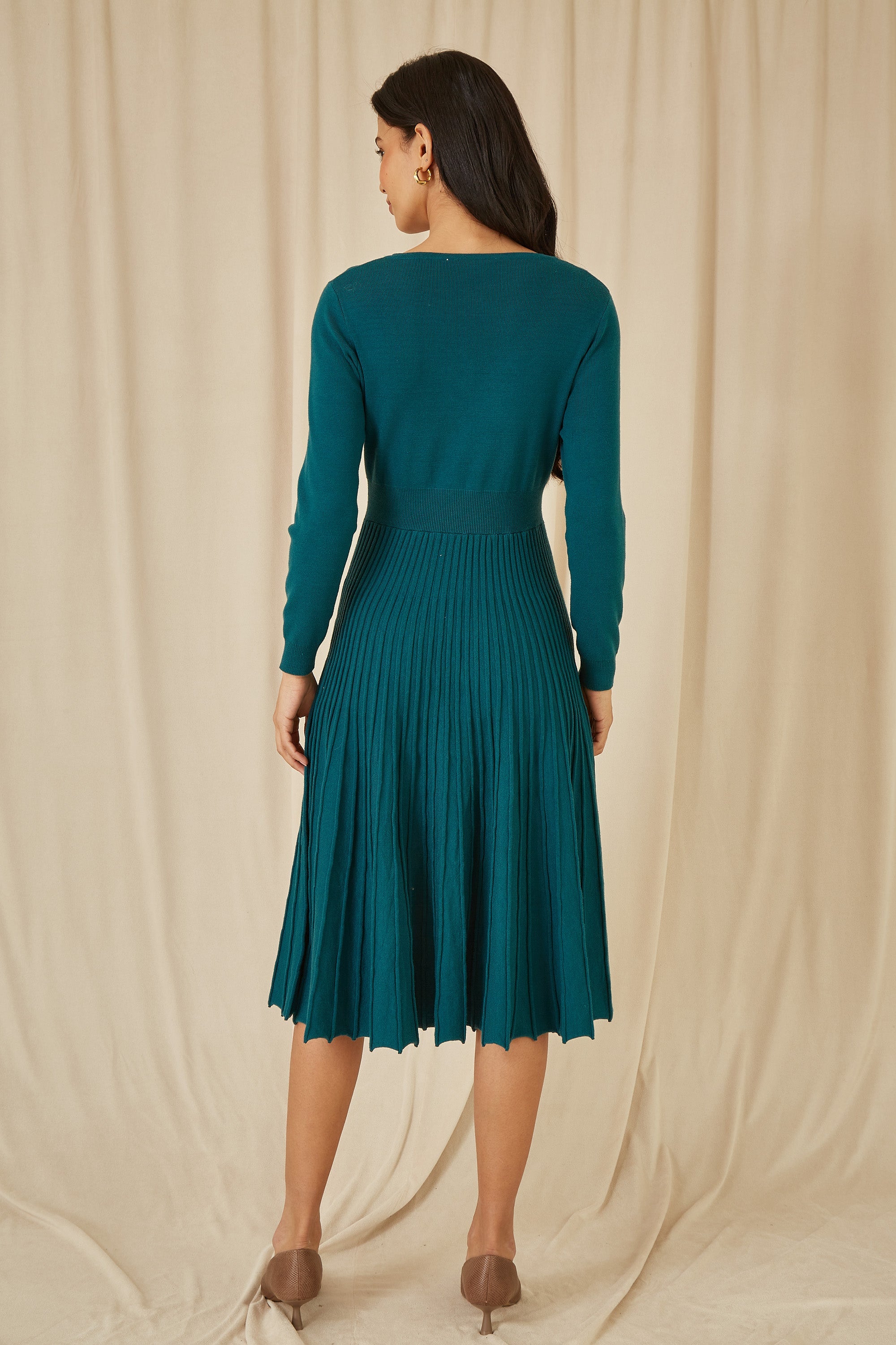Yumi Teal Knitted Pleated Skater Dress With Notch Neckline - QHA UK