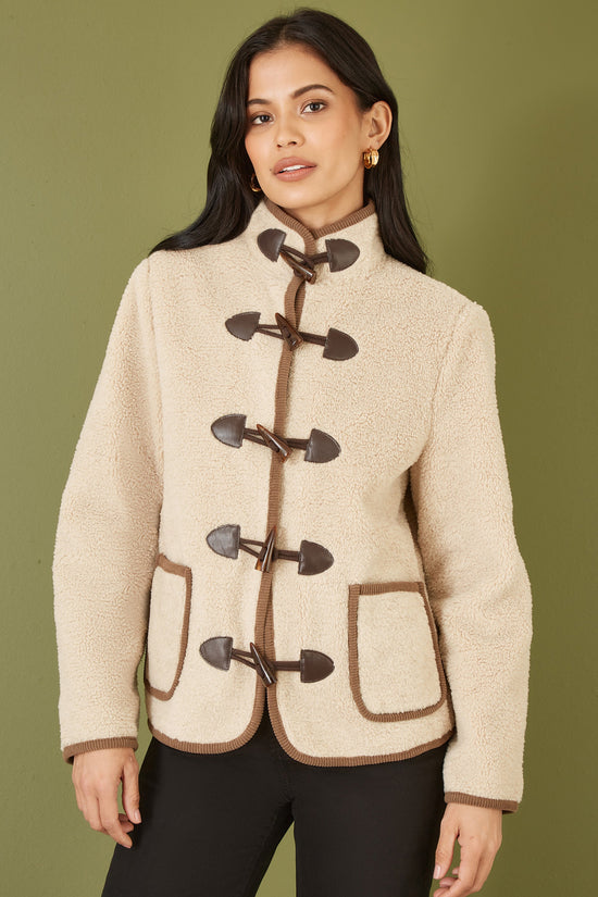 Yumi Cream Borg Jacket With Faux Leather Button Details - QHA UK