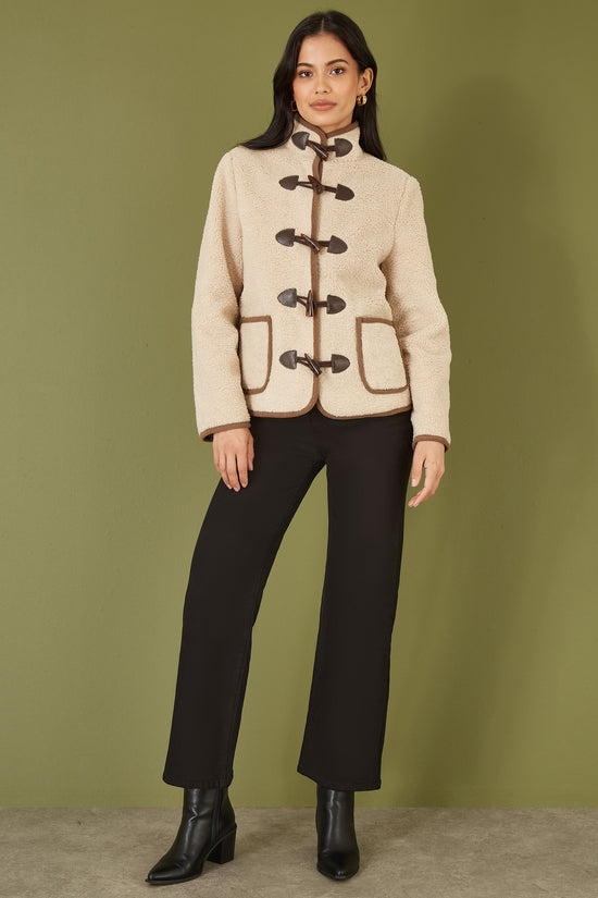 Yumi Cream Borg Jacket With Faux Leather Button Details - QHA UK