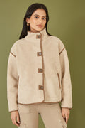 Yumi Cream Borg High Neck Jacket With Faux Leather Trims - QHA UK