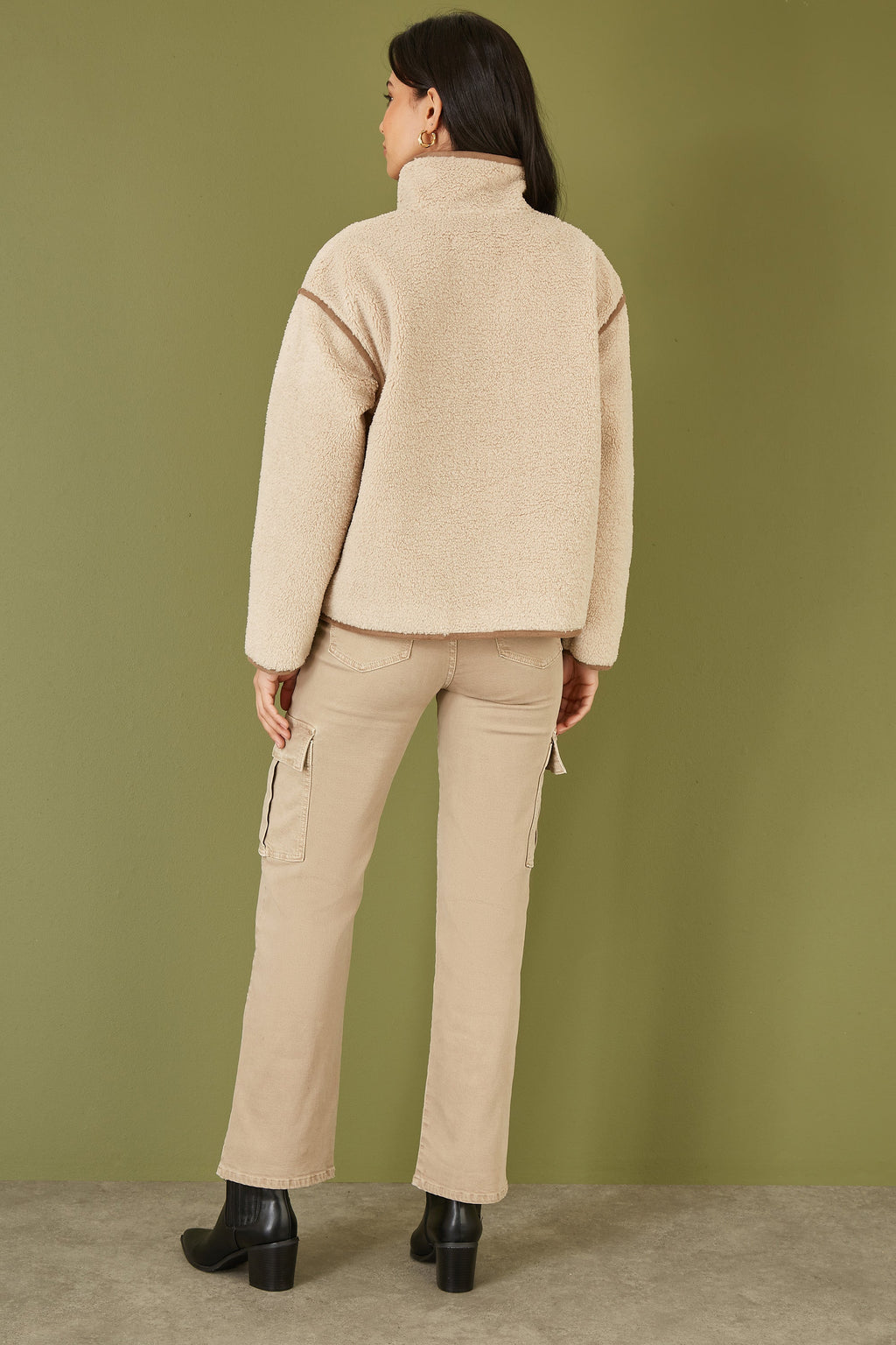 Yumi Cream Borg High Neck Jacket With Faux Leather Trims