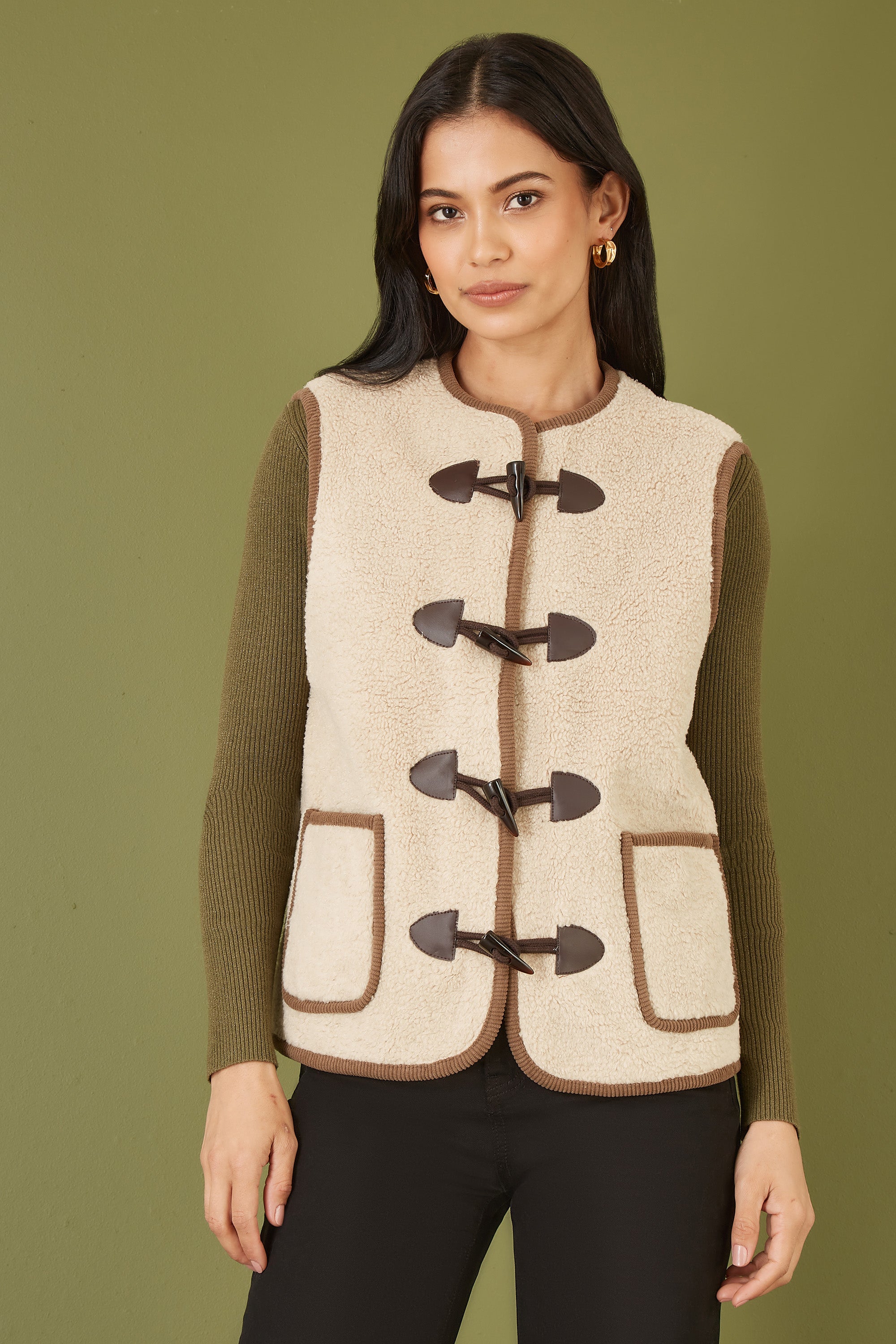 Yumi Cream Borg Gilet With Faux Leather Button Details - QHA UK