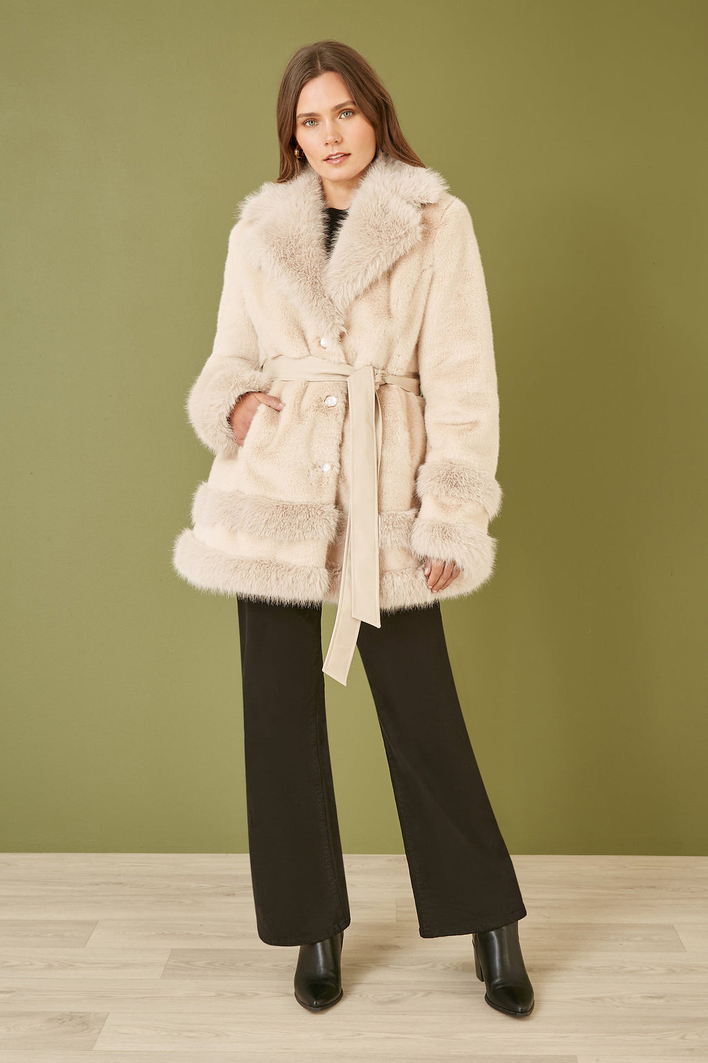 Yumi Cream Luxe Faux Fur Swing Coat With Tie Belt - QHA UK