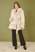 Yumi Cream Luxe Faux Fur Swing Coat With Tie Belt - QHA UK
