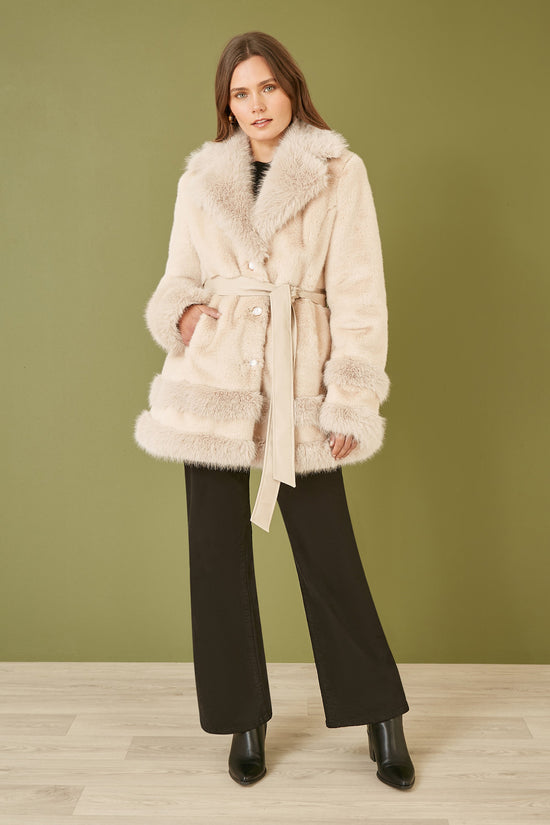 Yumi Cream Luxe Faux Fur Swing Coat With Tie Belt - QHA UK