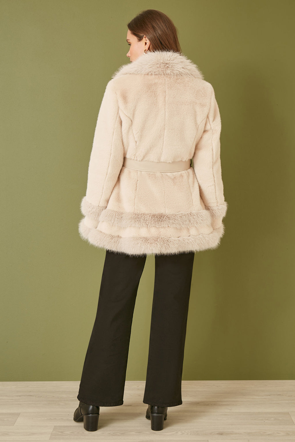Yumi Cream Luxe Faux Fur Swing Coat With Tie Belt - QHA UK