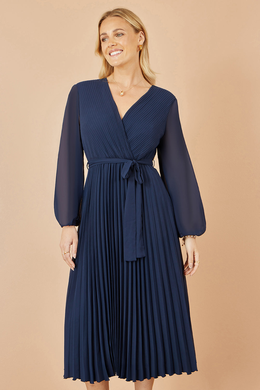Yumi Navy Pleated Wrap Midi Dress With Sheer Long Sleeves - QHA UK