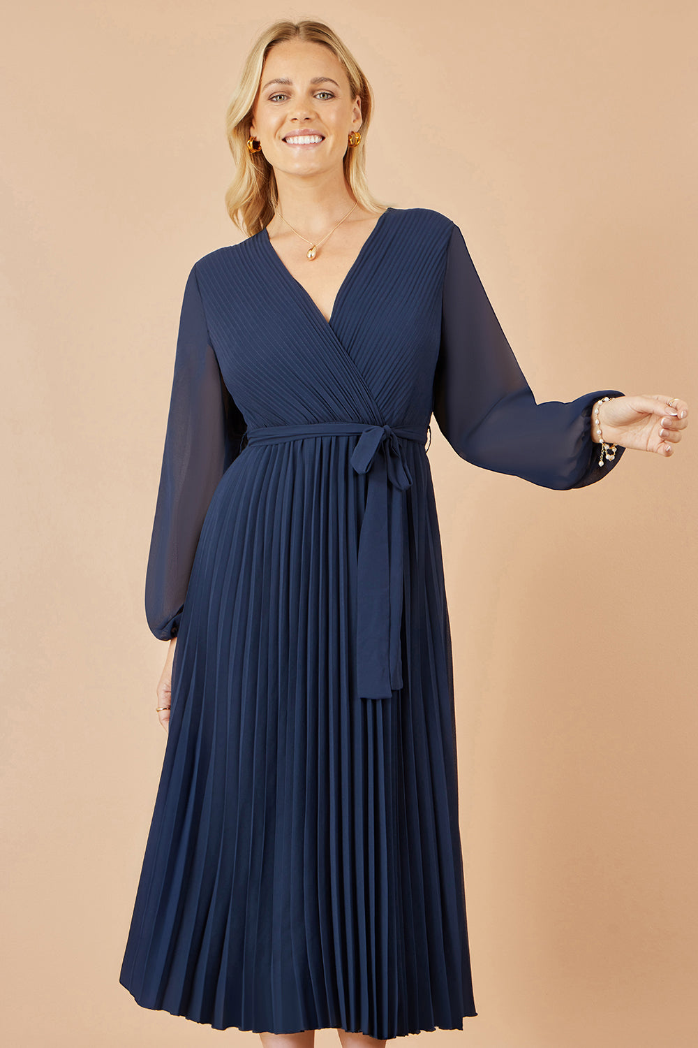 Yumi Navy Pleated Wrap Midi Dress With Sheer Long Sleeves - QHA UK