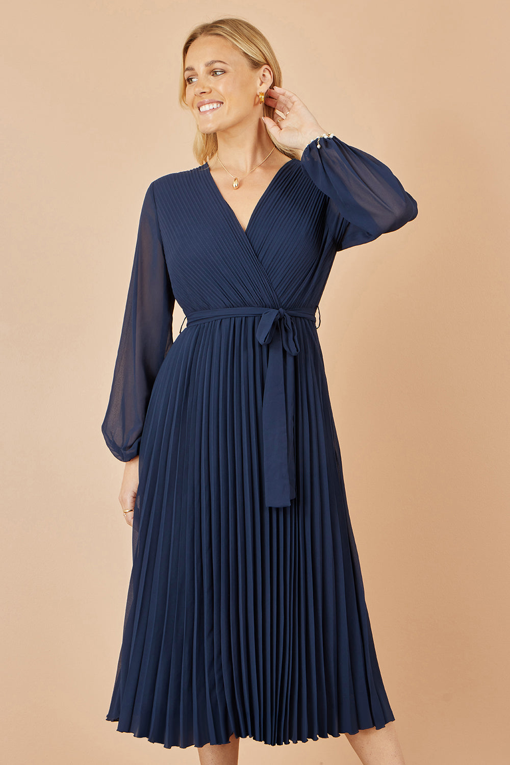 Yumi Navy Pleated Wrap Midi Dress With Sheer Long Sleeves - QHA UK
