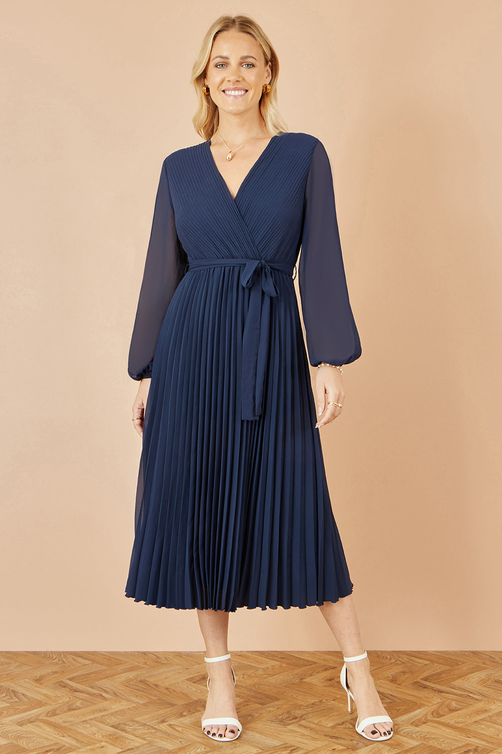 Yumi Navy Pleated Wrap Midi Dress With Sheer Long Sleeves - QHA UK