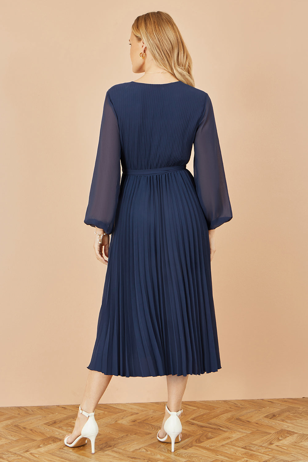 Yumi Navy Pleated Wrap Midi Dress With Sheer Long Sleeves - QHA UK