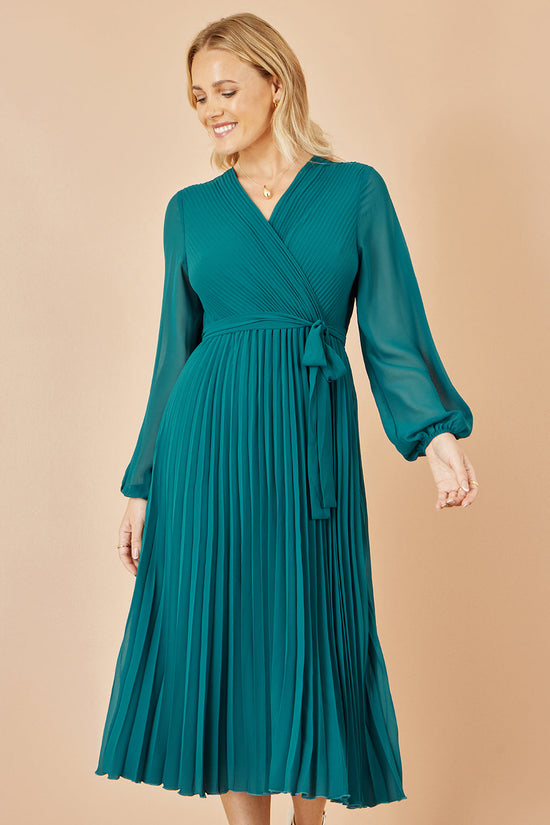 Yumi Teal Pleated Wrap Midi Dress With Sheer Long Sleeves - QHA UK