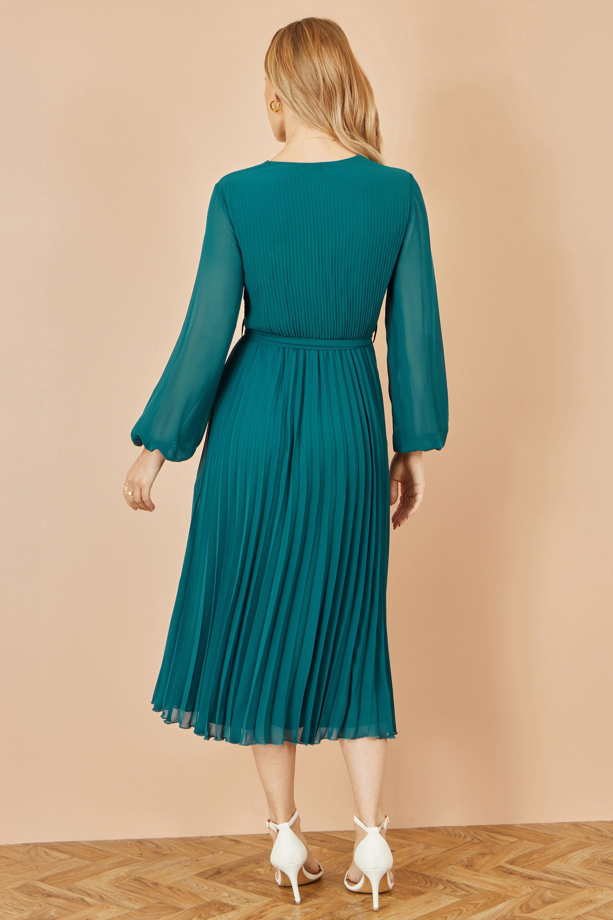 Yumi Teal Pleated Wrap Midi Dress With Sheer Long Sleeves