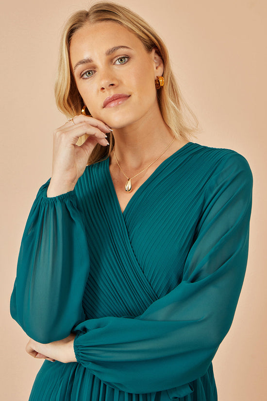 Yumi Teal Pleated Wrap Midi Dress With Sheer Long Sleeves - QHA UK