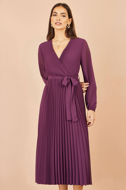 Yumi Women's Purple Pleated Wrap Midi Dress with Gathered Cuff Sleeves