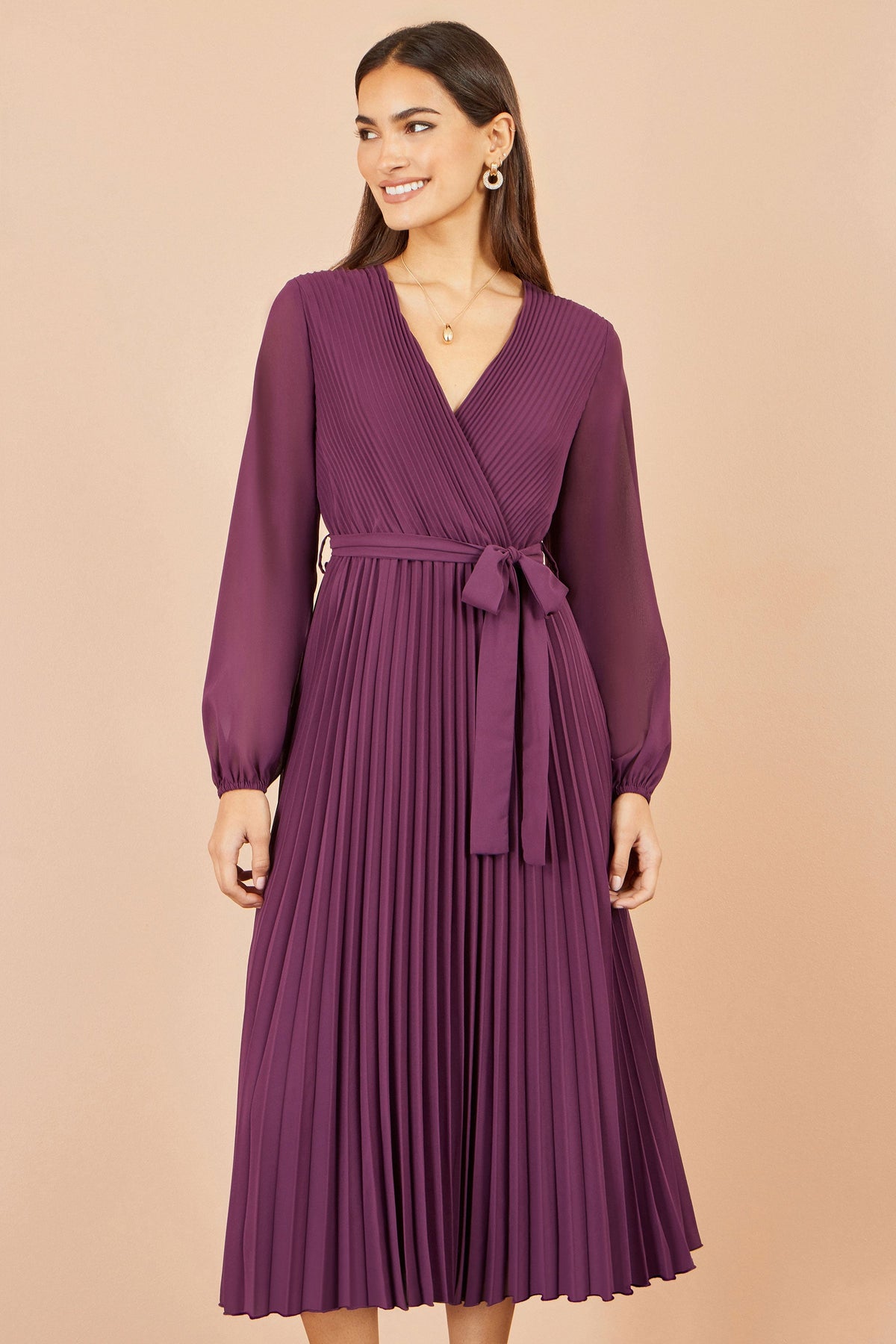 Yumi Women's Purple Pleated Wrap Midi Dress with Gathered Cuff Sleeves